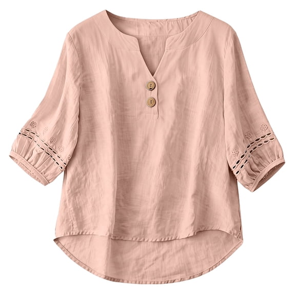 Uqiangy Women Cotton Linen V Neck Short Sleeve Tunic,Short Sleeve Fitted Womens Tops Womens Short Underwear Top Women Tunic Tops Short Sleeve Sweatshirt for Women Womens Shirts Trendy Pink XL