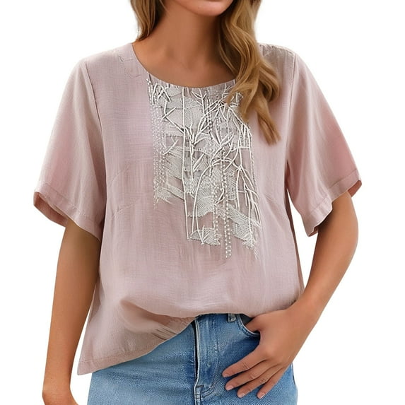 Uqiangy Women's Cotton Linen Shirts 3/4 Sleeve Linen Shirts for Women Embroidered Boho Tops Trendy Vacation Blouse Loose Flowy Tops 2025 Vintage Embroidered Blouses Purple L