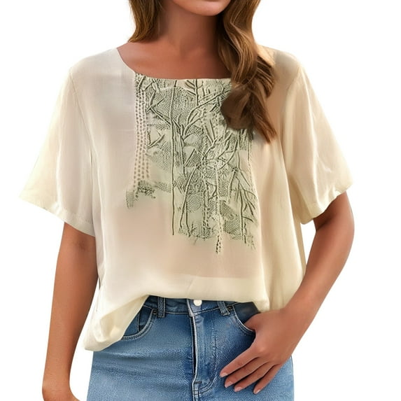 Uqiangy Women's Cotton Linen Shirts 3/4 Sleeve Linen Shirts for Women Embroidered Boho Tops Trendy Vacation Blouse Loose Flowy Tops 2025 Vintage Embroidered Blouses Beige L