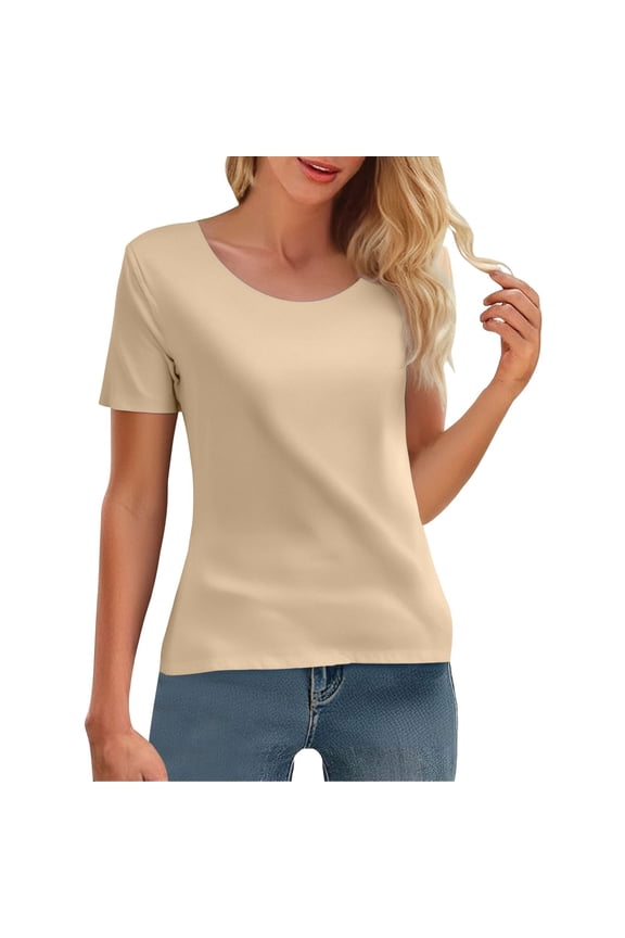 Women's Cotton Rib Knit T-Shirt 2025 Women Casual Activewear T Shirts Basic Crewneck Raglan Short Sleeve Slim Tight Fit Going Out Tops Basic Tee 2025 Tops Workout Top Khaki 2XL