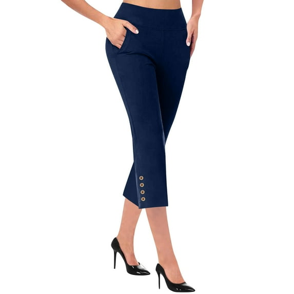 Uqiangy Women's Straight Leg Comfort Capri w/Tummy Control and Secret Pocket Capri Pants for Women Casual Summer Dressy Pull On Stretch High Waisted Crop Work Leggings with Pockets Navy XL