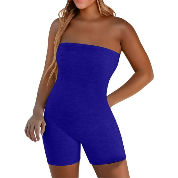 Uqiangy Women's Strapless Unitard Bodysuit One Piece Sleeveless Short Rompers Jumpsuit Bodycon Tank Top Outfits Tube Top Jumpsuit for Women Strapless Romper Jumpsuit Pants Outfit Blue M