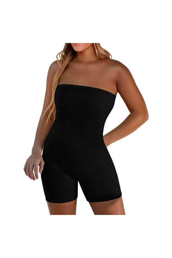 Women's Strapless Unitard Bodysuit One Piece Sleeveless Short Rompers Jumpsuit Bodycon Tank Top Outfits Tube Top Jumpsuit for Women Strapless Romper Jumpsuit Pants Outfit Black L