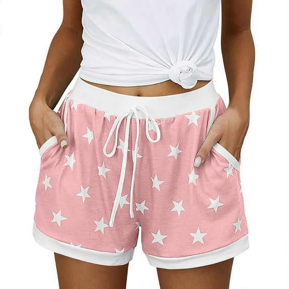 Uqiangy Women's Striped Print Drawstring Elastic Waist Shorts Casual Wide Leg Low Rise Summer Boxer Shorts Comfy Shorts For Women Drawstring Shorts Women Pink S
