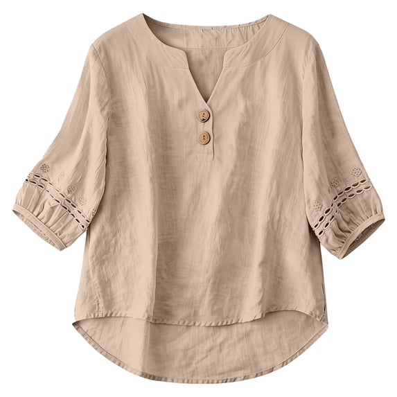 Uqiangy Womens 3/4 Sleeve Tops Cotton Linen Shirts,Business Casual Outfits for Women Tunic Tops Women Fall Clothes Basic Tees for Women Womens Collared Shirt Shirts for Women Trendy Beige L