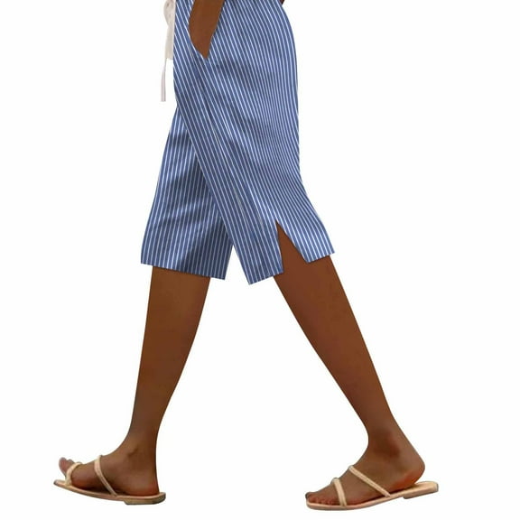 Uqiangy Womens Seersucker Pants Lightweight Pants For Summer Women Womens Linen Pants Cotton Linen Capris For Women Capri Pants For Women Women's Linen Pants Light Weight Pants For Women Blue S