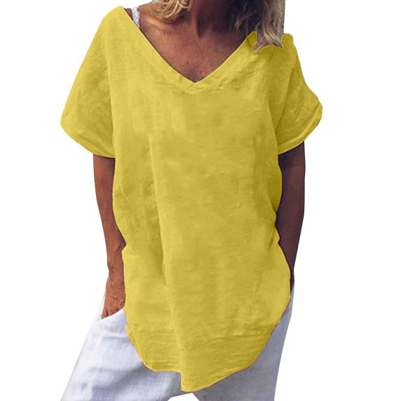 Uqiangy Womens Short Sleeve Cotton Linen Shirts Causal V-Neck Batwing Oversized T-Shirt Solid Color Loose Summer Tops T-Shirt Button V Neck Tunic Tops Baggy Solid Plain Shirts Trendy Blouse 4XL