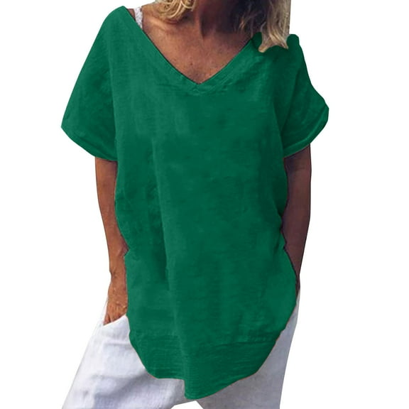 Uqiangy Womens Short Sleeve Cotton Linen Shirts Causal V-Neck Batwing Oversized T-Shirt Solid Color Loose Summer Tops T-Shirt Button V Neck Tunic Tops Baggy Solid Plain Shirts Trendy Blouse Green 4XL