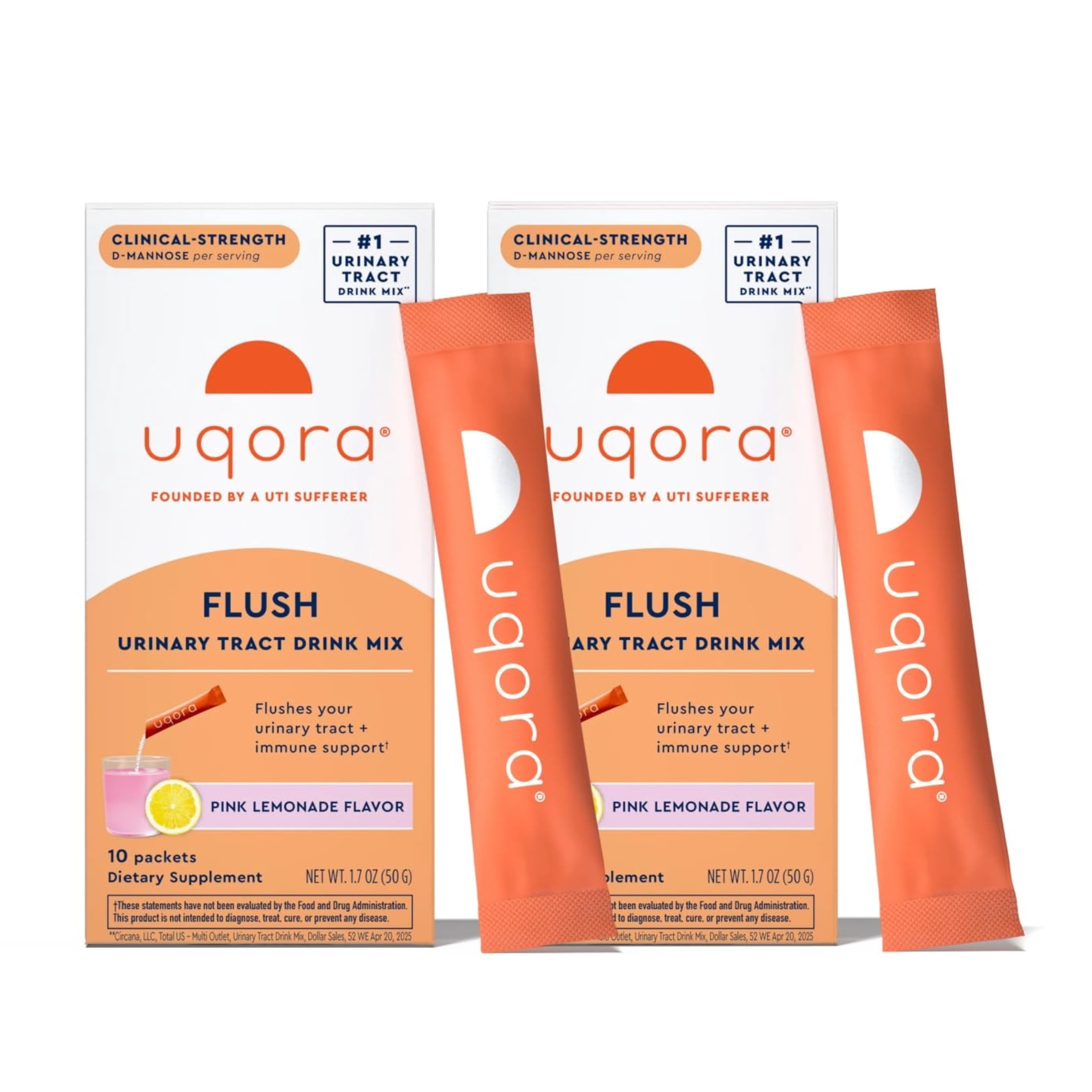 Uqora Flush - Urinary Tract* with D-Mannose, Vitamin C, Vitamin B6, Potassium, Magnesium & Calcium - Gluten-Free & Vegan - Pink Lemonade Flavor - 20 Packets (2 Pack)