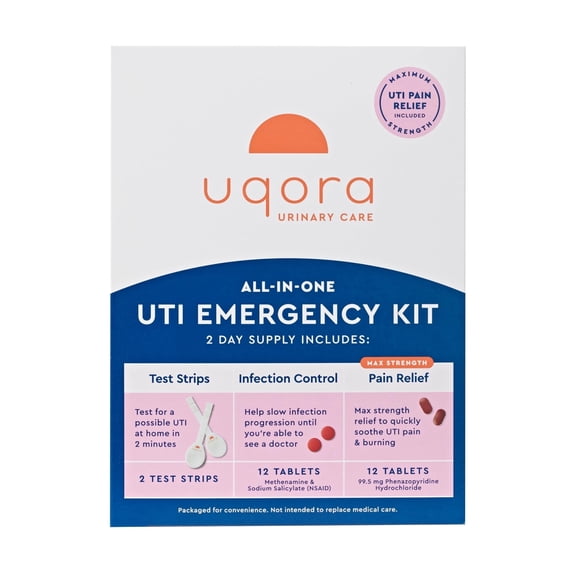 Uqora Uti Emergency Kit - Comes with 2 Urinary Tract Infection Test Strips, 12 Uti Pain Relief Tablets & 12 Infection Control Tablets - Urinary Tract Support - Maximum Strength