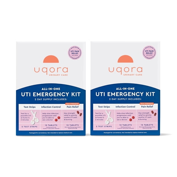 Uqora Uti Emergency Kit - Comes with 2 Urinary Tract Infection Test Strips, 12 Uti Pain Relief Tablets & 12 Infection Control Tablets - Urinary Tract Support - Maximum Strength - 2 Pack