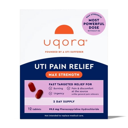 Uqora UTI Pain Relief Max Strength - Maximum OTC Strength Phenazopyridine HCl Tablets - Fast, Targeted Relief for Pain, Burning & Urgency - 12 Tablets