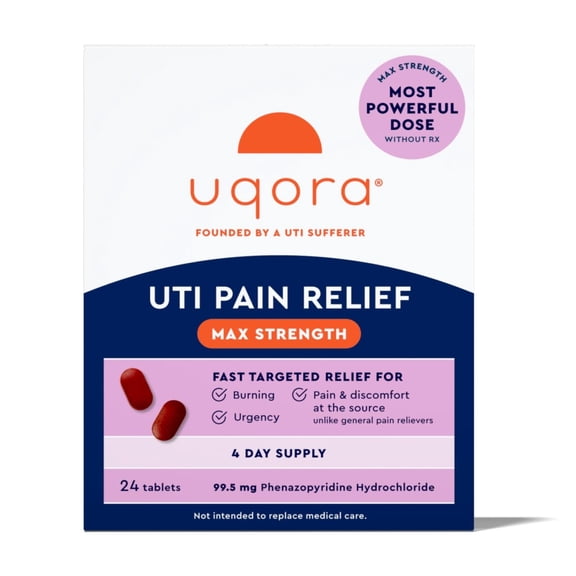 Uqora UTI Pain Relief Max Strength - Maximum OTC Strength Phenazopyridine HCl Tablets - Fast, Targeted Relief for Pain, Burning & Urgency - 24 Tablets