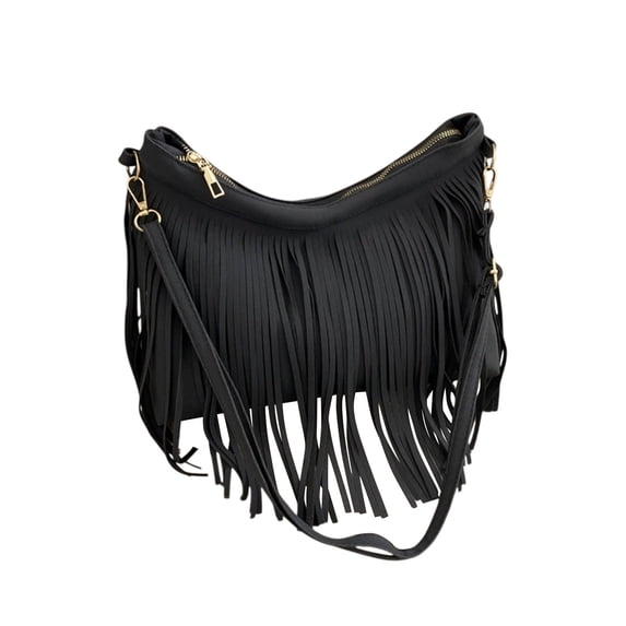 Uranda Fringe Crossbody Purse with Strap, Fashion Women Fringe Hobo Bag, Country Style Western Fringe Purse, Tassel Hippie Crossbody Bag Black