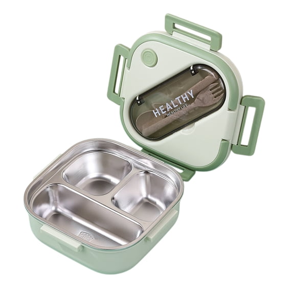 Uranda Stainless Steel Lunch Box, 3 Compartment Leak-Proof Food Storage Container with Tableware for School, Office, Picnics and Travel (Green)