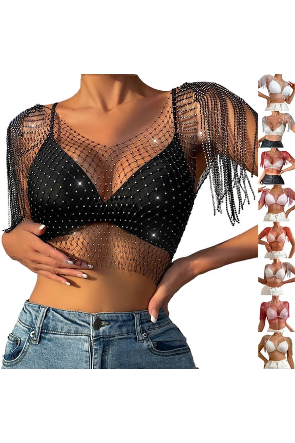 Uranian Rhinestone Mesh Body Chain See Through Crop Top Sleeveless Tassel Tank Top Bikini Cover Up Beaded Fringe Tops with Open Shoulder Detail and Sheer Mesh Base Gold M