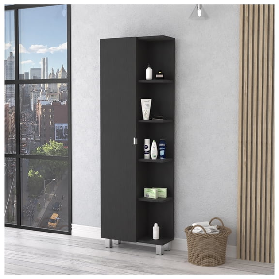 Urano Mirror Linen Cabinet, Four Interior Shelves, Five External Shelves -Black + Black + 1 + 5+ + Bathroom + Freestanding + Modern + Particle Board + Particle Board