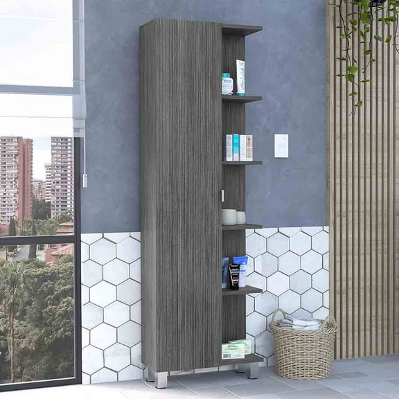 Urano Mirror Linen Cabinet Smokey Oak | Modern 5-Shelf Storage Unit with 1 Door & 4 Interior Shelves | Particle Board, 20.2"W x 8.5"D x 62.2"H | Bathroom & Small Space Organization