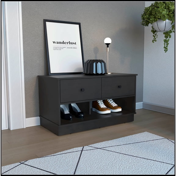 Uranus Storage Bench, Two Drawers, Two Open Shelves, Black