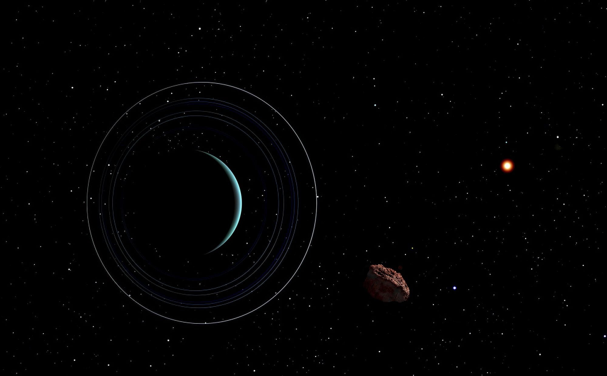 Uranus and most of its nine major rings along with the distant Sun and an inner satellite Canvas Art - Frank HettickStocktrek Images (18 x 12)