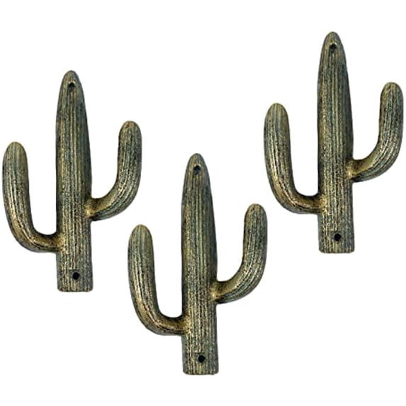Urbalabs Cast Iron Cactus Hooks for Wall Double Cactus Coat Key Hanger Southwestern Western Wall Home Rustic Cactus Decor, Cactus Coat Rack, Bags, Towels and More Green Gold 3 Pack (Green Gold)