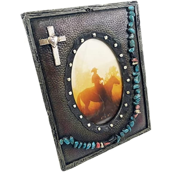 Urbalabs Cowboy Western Cross and Stone Horseshoe Decor Rustic Wood Look Country Decor Picture Frame 4 x 6 Rustic Country Gifts Farmhouse Picture Frames Standing 4x6 Elaborate Picture Frame