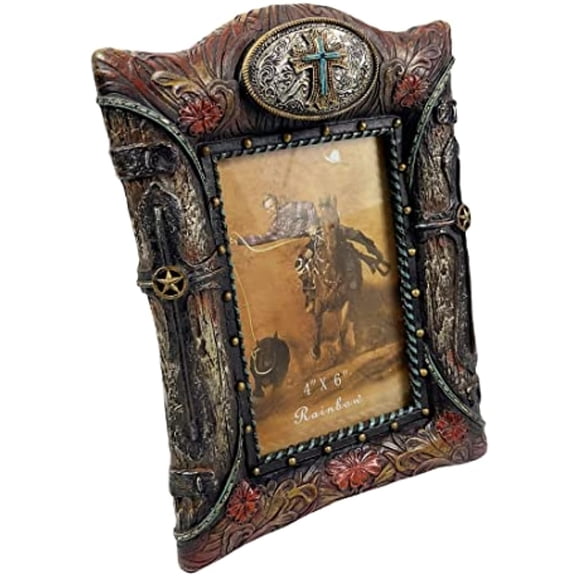 Urbalabs Cowboy Western Teal Cross Decor Rustic Vintage Wood Look Country Decor Picture Frame 4 x 6 Rustic Country Gifts Farmhouse Picture Frames Standing 4x6 Elaborate Picture Frame
