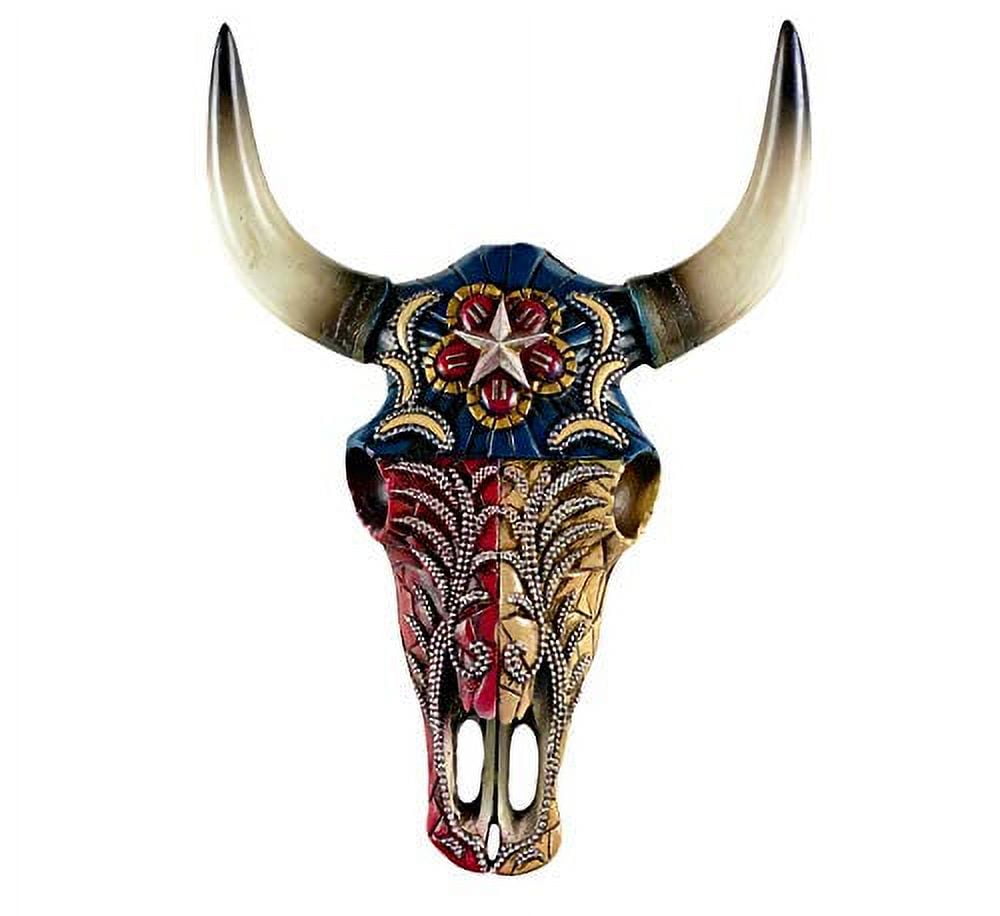 Urbalabs Longhorn Cow Skull and Horns Wall Sculpture Animal Western Wall Mount Cow Decor 8 In Wide Bull Statue Home Red White Blue Painted With Silver Pearls Accent (Texas Silver Pearl and Star)
