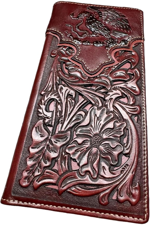 Urbalabs Mens Coat Of Arms Of Mexico Western Leather Long Wallet Floral Cutout Golden Eagle Snake Layered Checkbook Style Mens Wallets Leather Bull Rider Rodeo Gifts For Men (Coffee & Coffee)