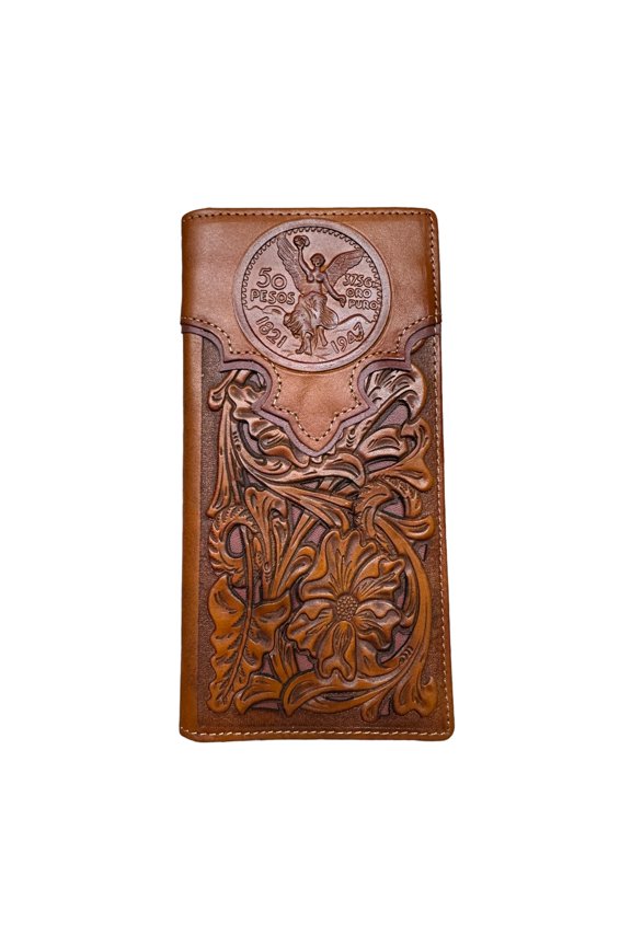 Urbalabs Mens Long Wallet Floral Cutout Layered Brown Leather Mexican 50 Peso Design Checkbook Style Cowboy Hand Crafted High End Mens Wallets Leather Gifts For Men A101