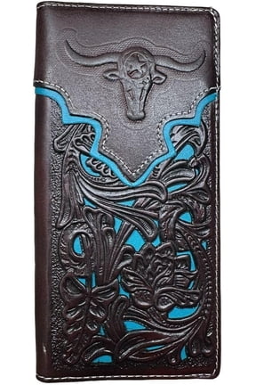 Urbalabs Mens Long Wallet Floral Embossed Longhorn Leather Coffee Teal Soft Leather Checkbook Style Cowboy Hand Crafted High End Mens Wallets Leather Bull Rider Rodeo Concho Gifts For Men