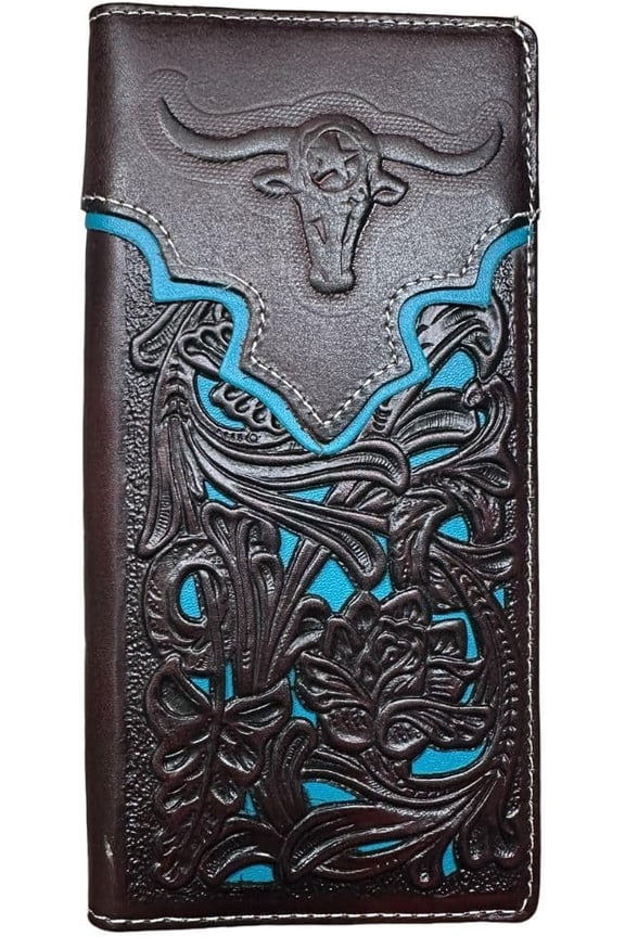 Urbalabs Mens Long Wallet Floral Embossed Longhorn Leather Coffee Teal Soft Leather Checkbook Style Cowboy Hand Crafted High End Mens Wallets Leather Bull Rider Rodeo Concho Gifts For Men
