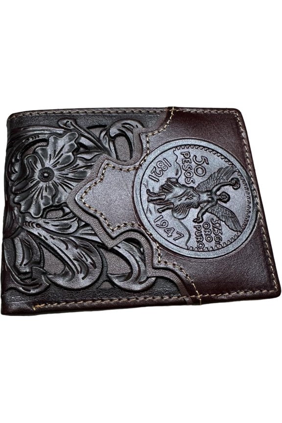 Urbalabs Mexican 50 Peso Embossed Leather Wallet Floral Cutout Layered Bi Fold Style Cowboy Hand Crafted High End Cowboy Rodeo Style Mens (Coffee & Coffee)