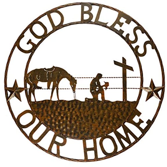Urbalabs Praying Cowboy Rusted Distressed Metal Wall Art Wall Decor Twisted Rope Circle Western Home Retro Rustic Metal Wall Decor 32 Inch Country Cowboy Decor God Bless Our Home (32)