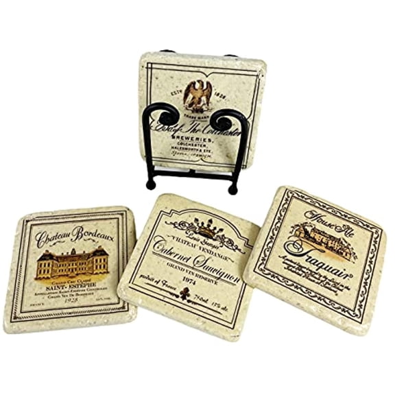 Urbalabs Rustic Vintage Drink Table Coasters 5 Pcs Square Coasters Gift Set House Warming Gifts for Wine Lovers - Ceramic Stone with Corked Back Unique Decor Wedding Registry Items