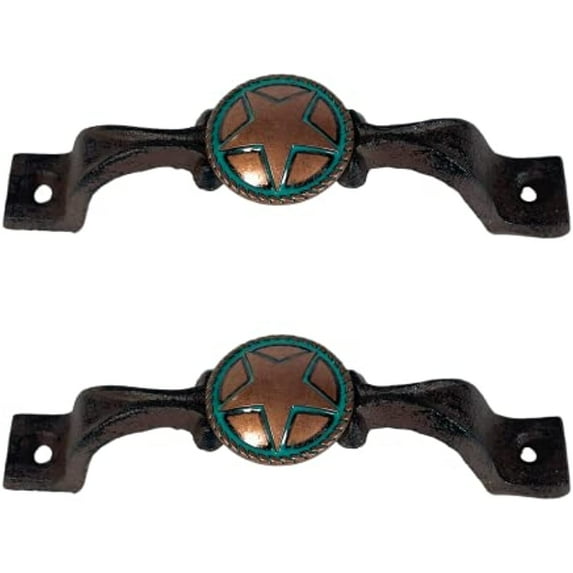 Urbalabs Teal and Star Cast Iron Kitchen Cabinet Handles and Drawer Pulls Western Concho Cross Horseshoe and Star Country Home Rustic Decor Farmhouse Cabinet Handle Cabinet Knobs (Pack of 2)