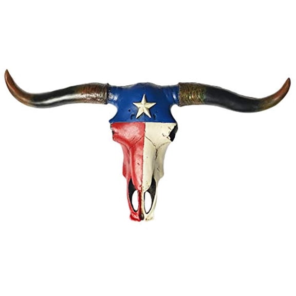 Urbalabs Texas Longhorn Skull Horns Wall Sculpture Faux Animal Western Wall Mount Cow Decor 20.5 In Wide Bull Statue Ranch Home Decoration Red White Blue Hand Painted (Texas Flag Longhorn)
