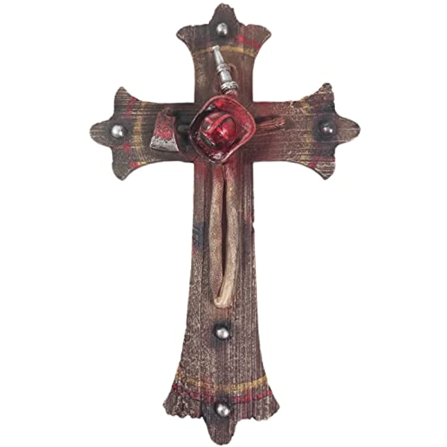 Urbalabs Western 12 Inch Wall Cross Civil Service Firefighter Cross With Hat Axe And Hose Distressed Wall Hanging Cross Country Wall Decor Room Decoration Office Church Home (Firefighter Hat and Hose)