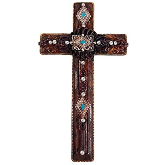 Urbalabs Western 13 Inch Wall Cross Teal Stone with Gold Cross Silver Star Distressed Wall Hanging Cross Country Wall Decor Room Decoration Office Church Home (Teal Knot)
