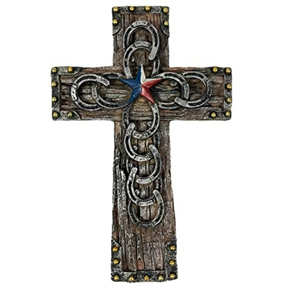 Urbalabs Western 9 Inch Wall Cross God Bless Texas Boot Star Flag Horseshoes Distressed Rustic Cowboy Wall Hanging Cross Country Wall Decor Room Decoration Office Church Home