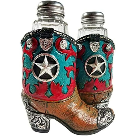 Urbalabs Western Armadillo, Barrel, Cowboy Boots Salt and Pepper Shaker Caddy Farmhouse Dinner Table Kitchen Ranch Decorations Rustic Cowboy Decor Hand Painted (Cowboy Boot)