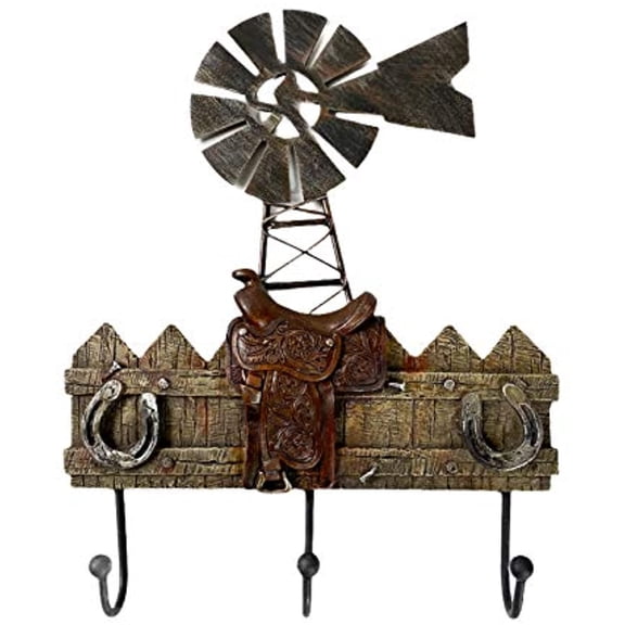 Urbalabs Western Country Wind Mill and Horse Saddle Wall Hooks Coat or Key Holder Wall Hook Mounted Decorative for Hats, Coats, Towels, Mudroom, Rustic Western Decor