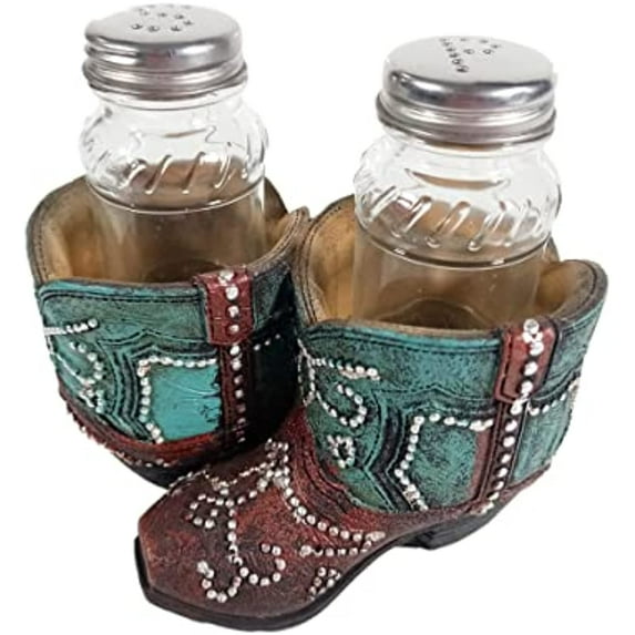 Urbalabs Western Cowboy Boot Teal, Brown Gold Spur Salt and Pepper Shaker Caddy Farmhouse Dinner Table Kitchen Ranch Decorations Rustic Cowboy Decor Hand Painted (Teal Studded Boot)