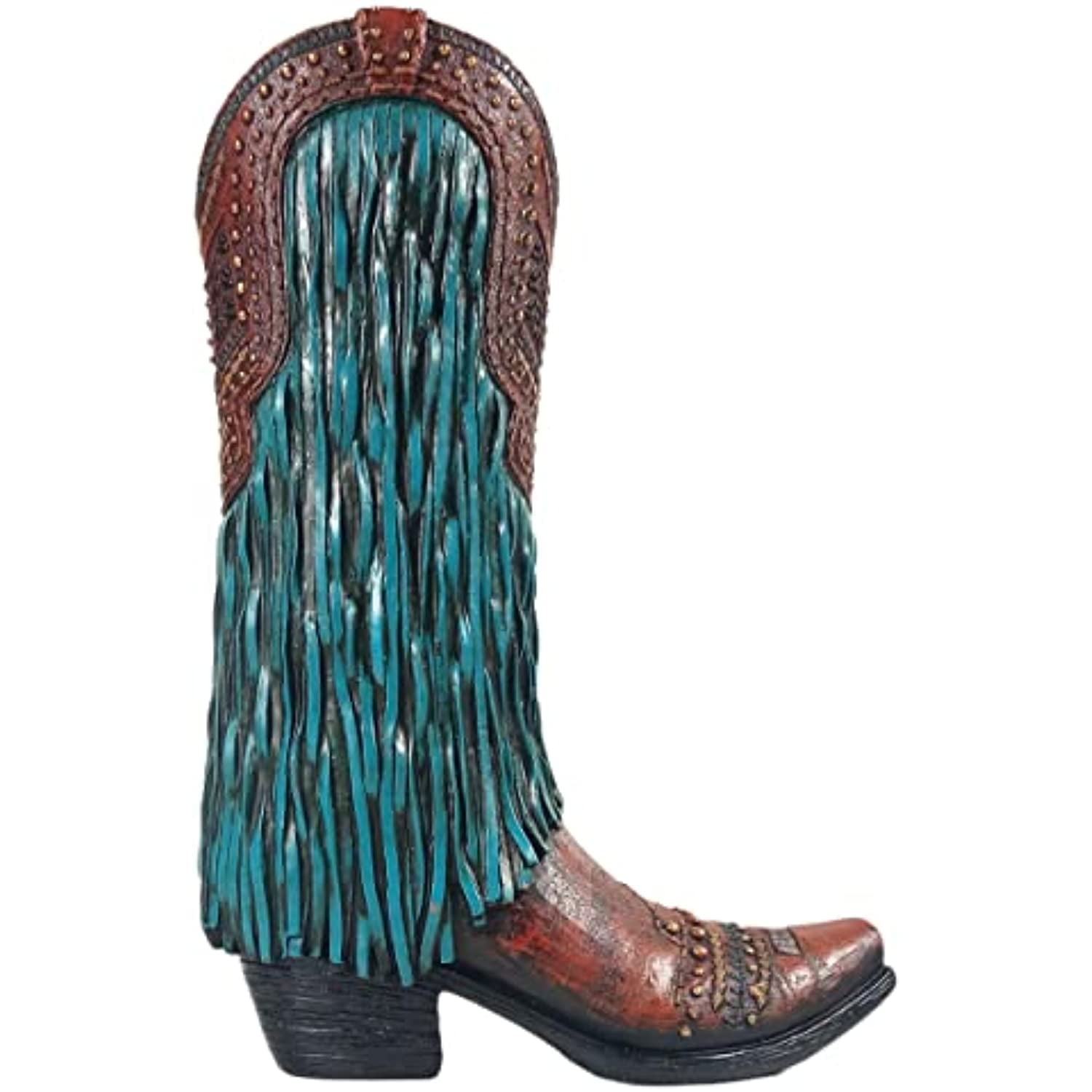 Urbalabs Western Cowboy Boot Vase 12 Inch Full Teal Tassel Cowboy