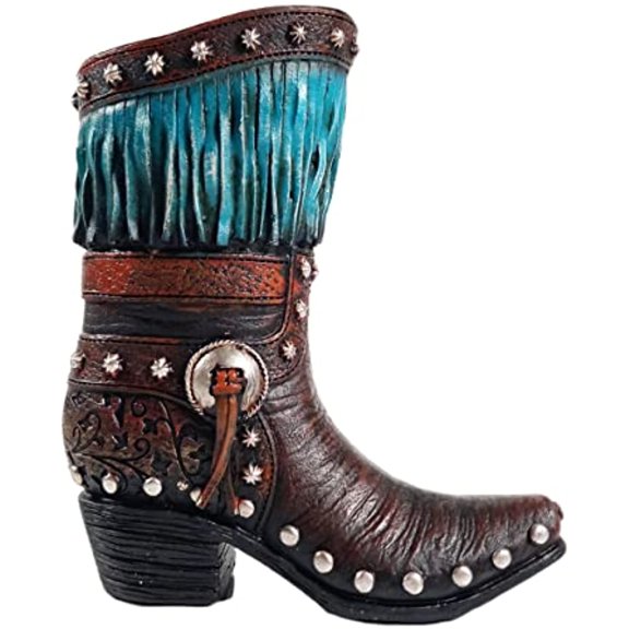 Urbalabs Western Cowboy Boot Vase 7 Inch Teal Tassel and Silver Stud Boot and Cross Vase Decorative Cowboy Boots Vases Home Office Rustic Decor Country Living Wedding Centerpiece