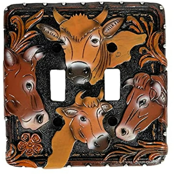 Urbalabs Western Cowboy Cute Cows Rustic Horse Decorative Light Switch Outlet Wall Plate Covers Rustic Light Switch Covers Single Double 2 Gang Switch Plates (Double Switch)