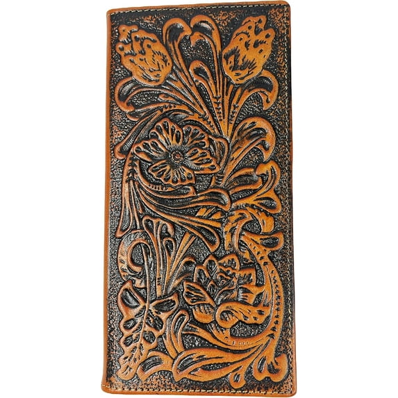 Urbalabs Western Cowboy Leather Long Wallets for Men Tooled Brown