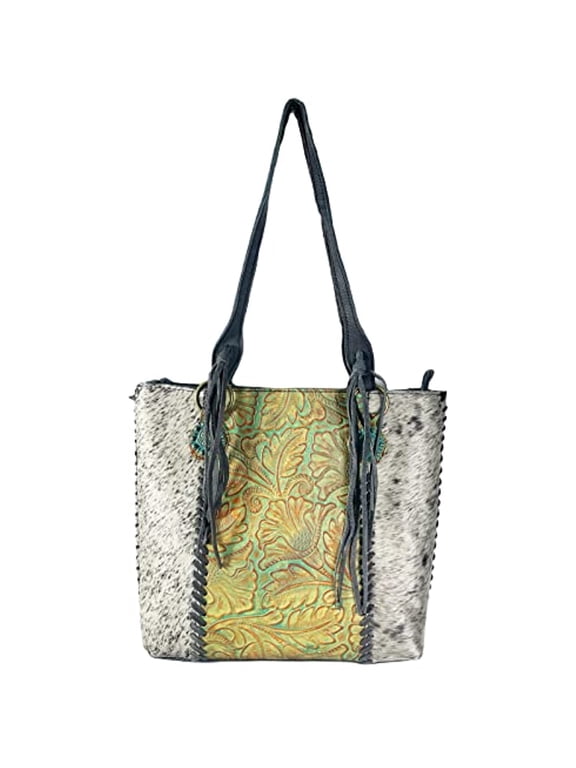 Urbalabs Western Cowhair Shoulder Hobo Bag Fringe Purse Genuine Leather Handmade Stitched Handbag (Blue)