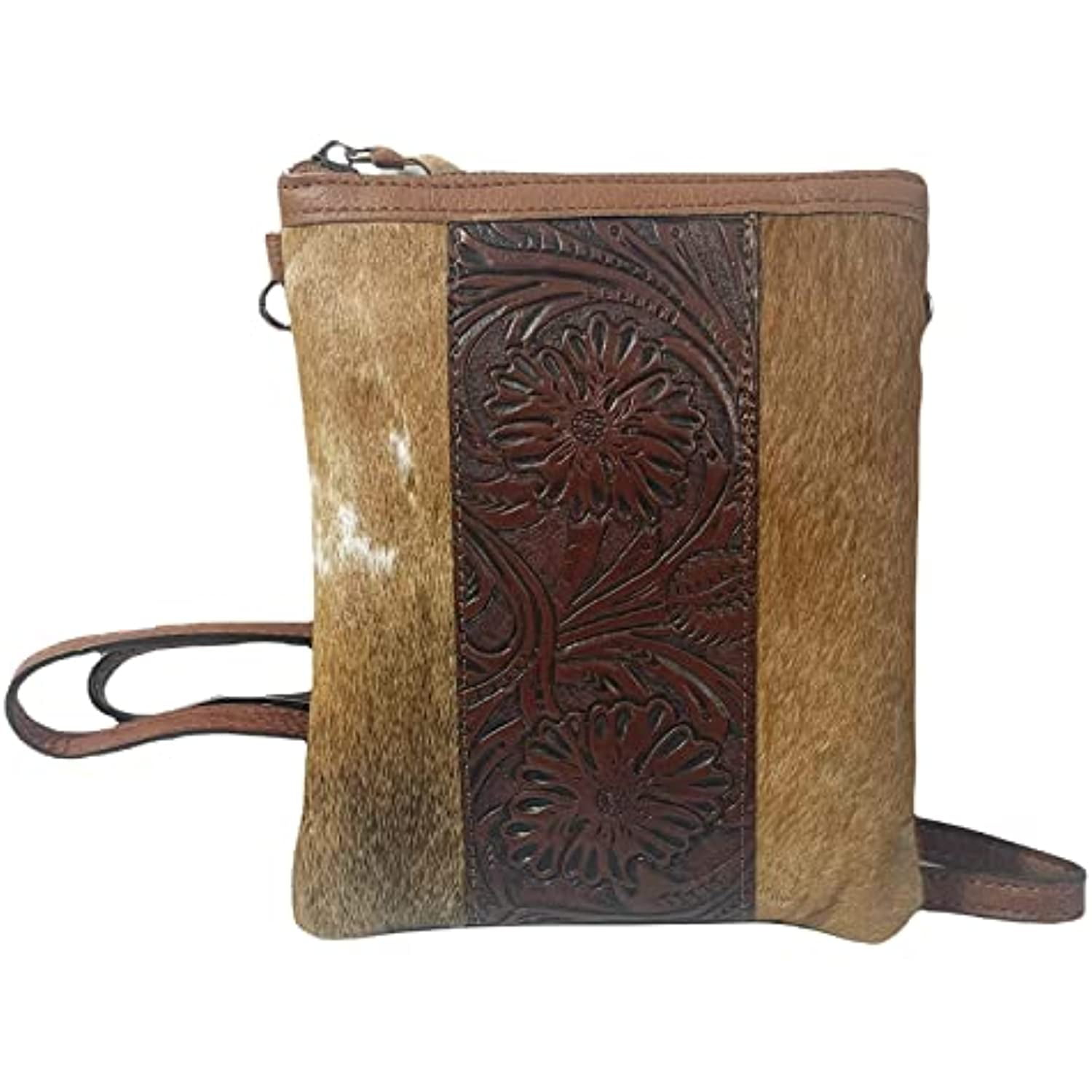 Urbalabs Western Crossbody Purse Genuine CowHair Floral Tooled Leather Handbag Tote Bag Women