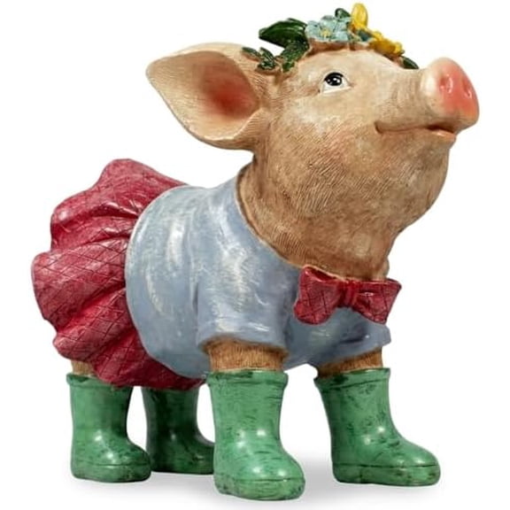 Urbalabs Western Piggy in Dress Bow Tie Green Rain Boots Pig Statue with Rose Halo Garden Lawn Pigs Desk Office Ornament Outdoor Indoor Piglet Decorations Kitchen Pig Statues Home Decor